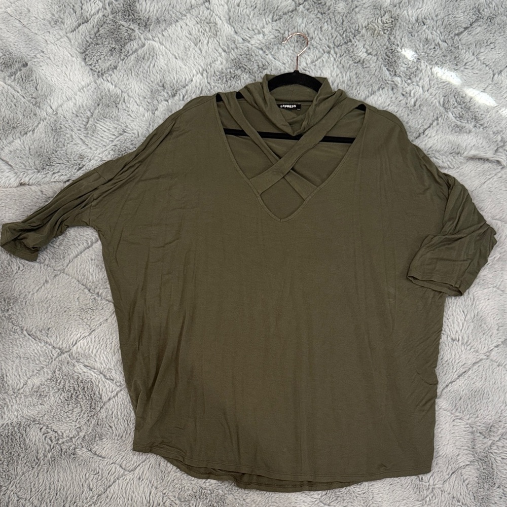 Express Olive Tunic with Crisscross Neckline